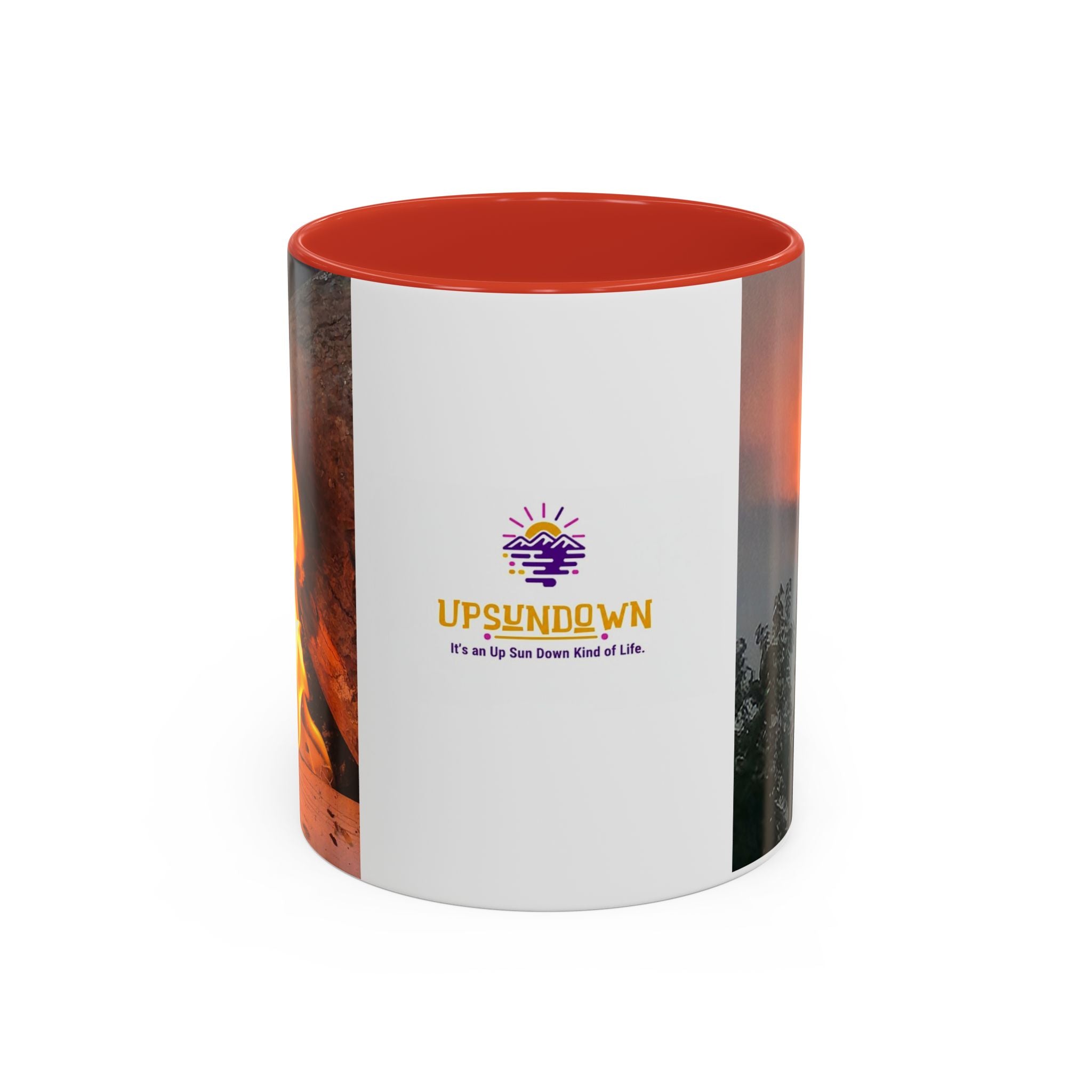 Sunset Bird Accent Coffee Mug — 'Upsindown' Logo Sunrise Scene, 11/15 oz