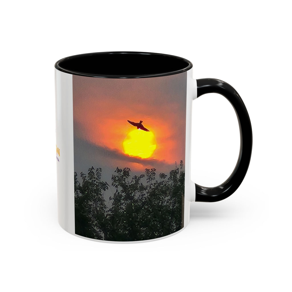 Sunset Bird Accent Coffee Mug — 'Upsindown' Logo Sunrise Scene, 11/15 oz