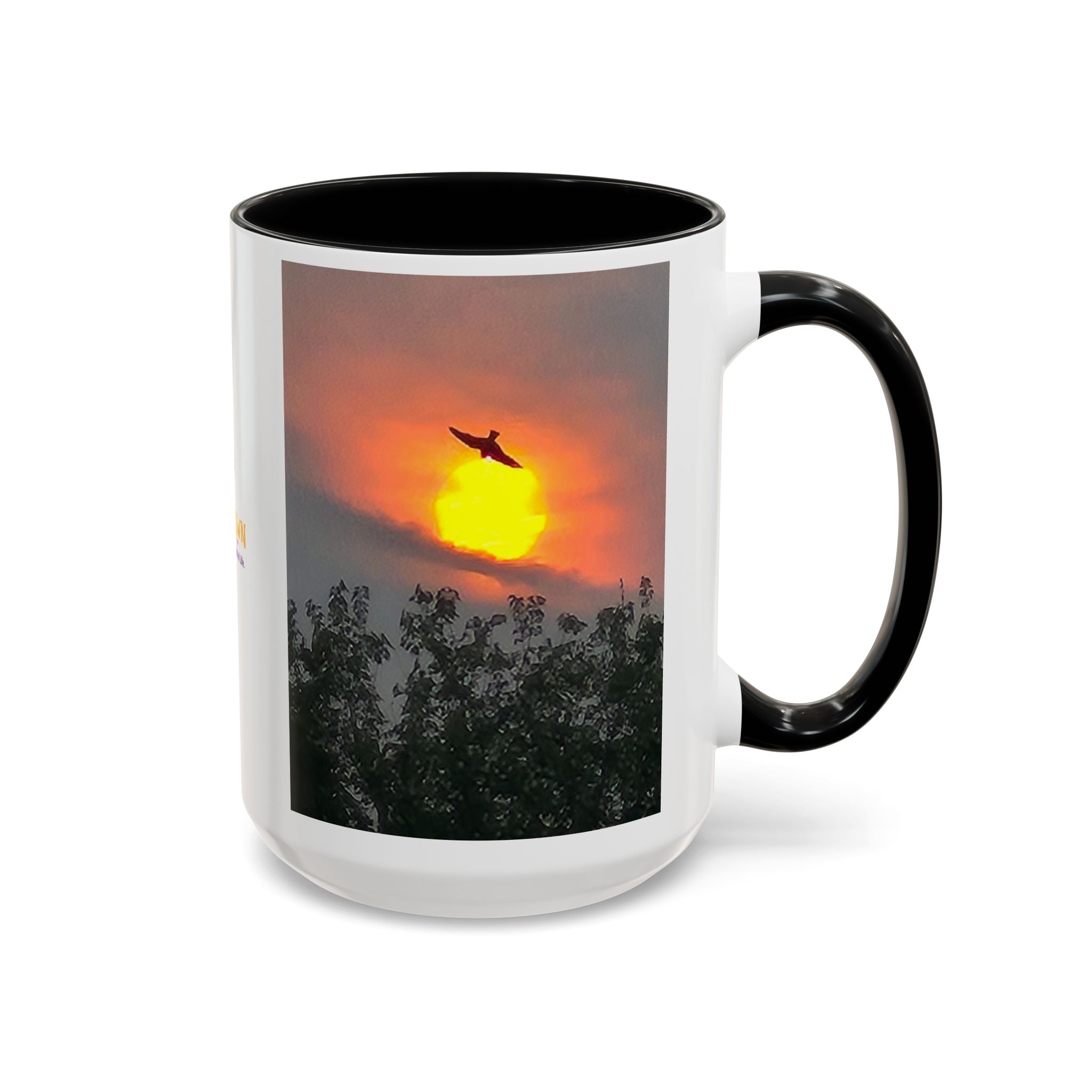 Sunset Bird Accent Coffee Mug — 'Upsindown' Logo Sunrise Scene, 11/15 oz