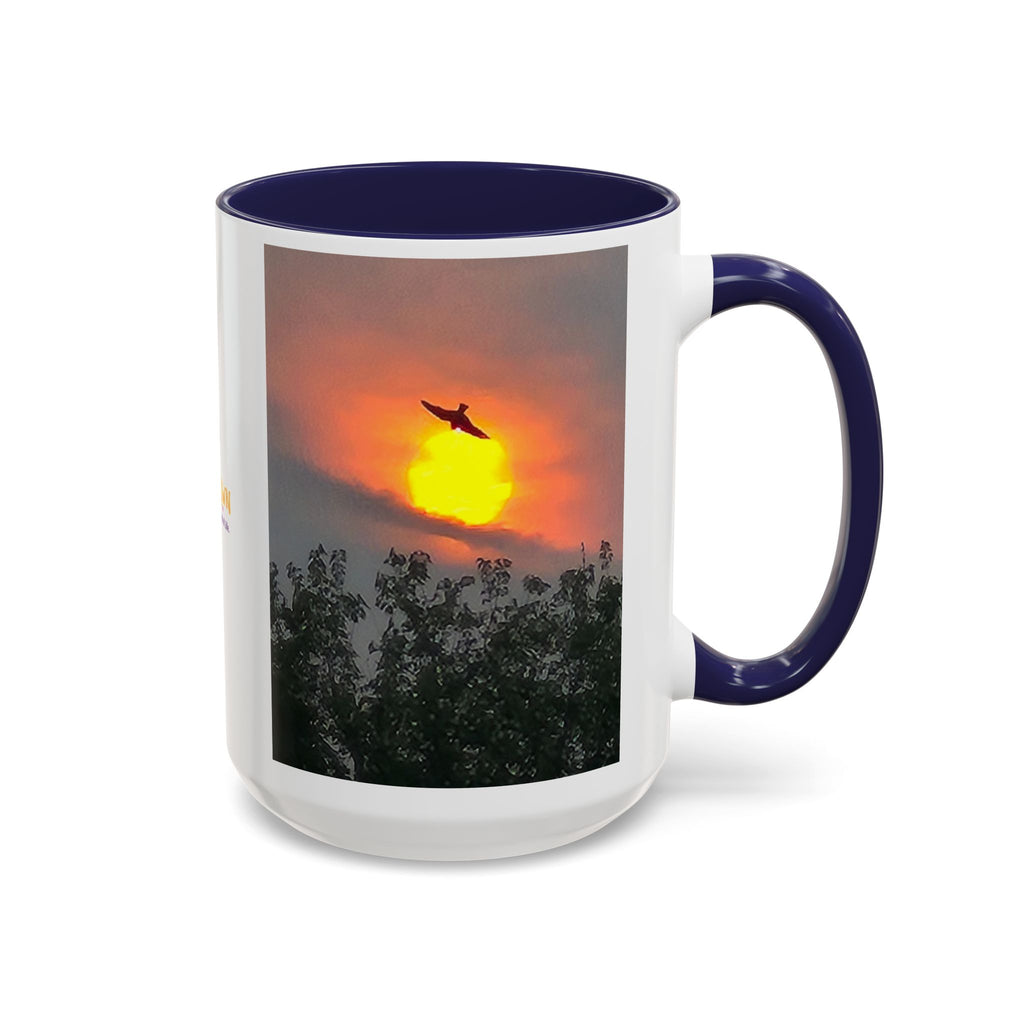 Sunset Bird Accent Coffee Mug — 'Upsindown' Logo Sunrise Scene, 11/15 oz