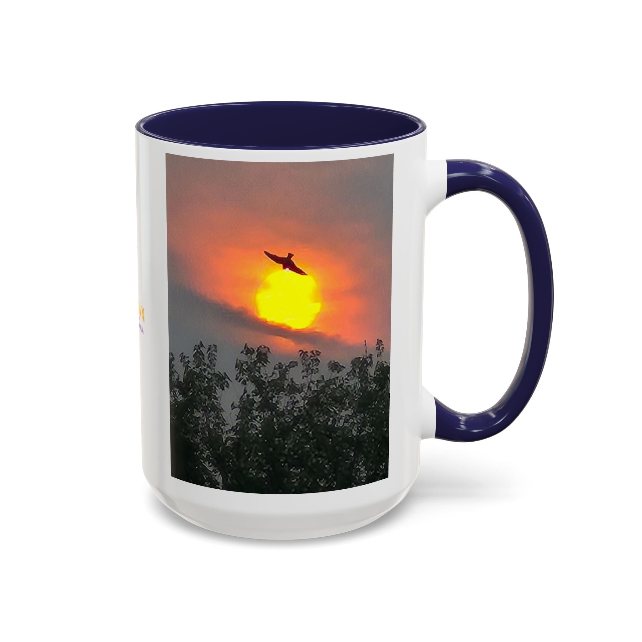 Sunset Bird Accent Coffee Mug — 'Upsindown' Logo Sunrise Scene, 11/15 oz