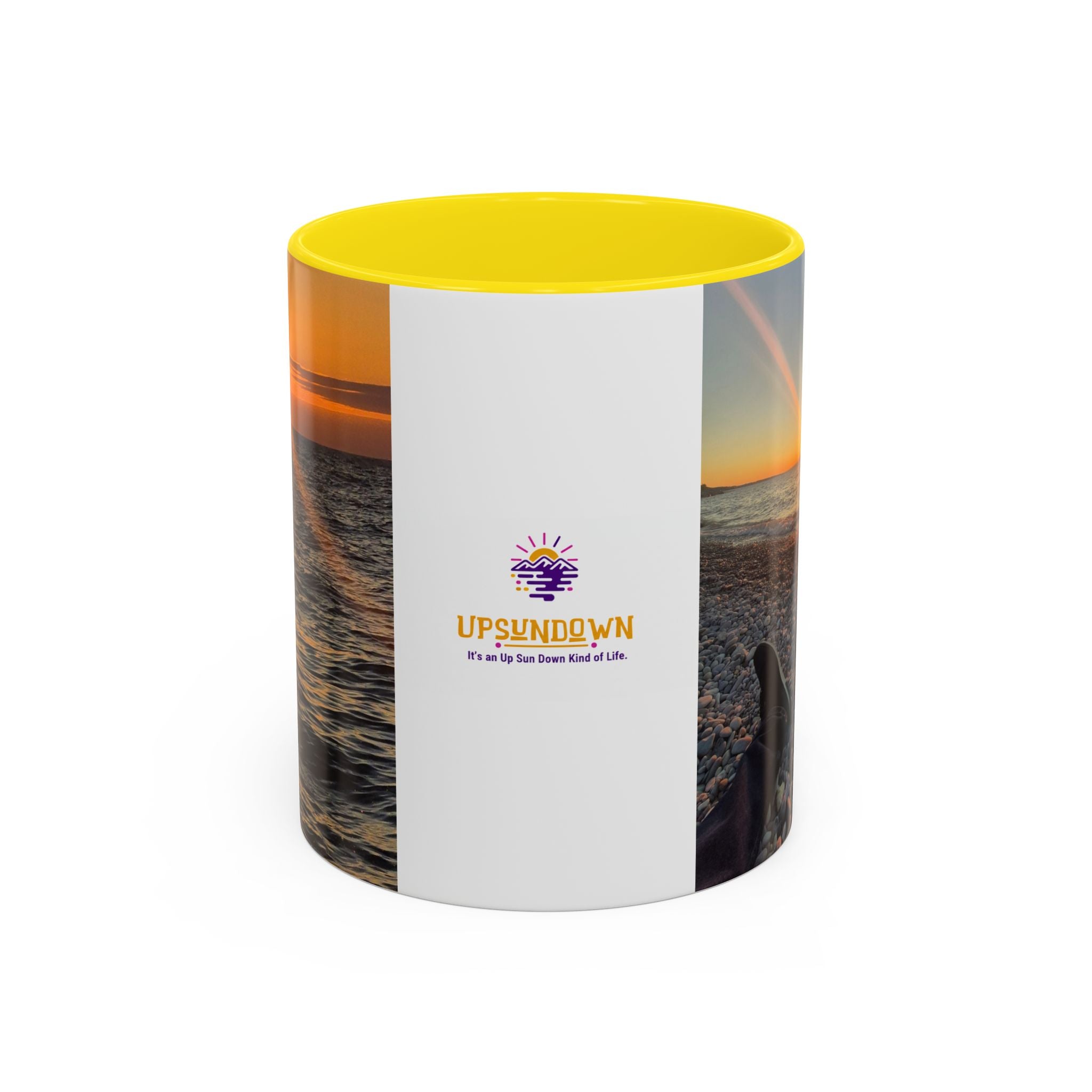 Sunset Beach Photo Accent Coffee Mug — 'UPSUNDOWN' Logo 11/15oz