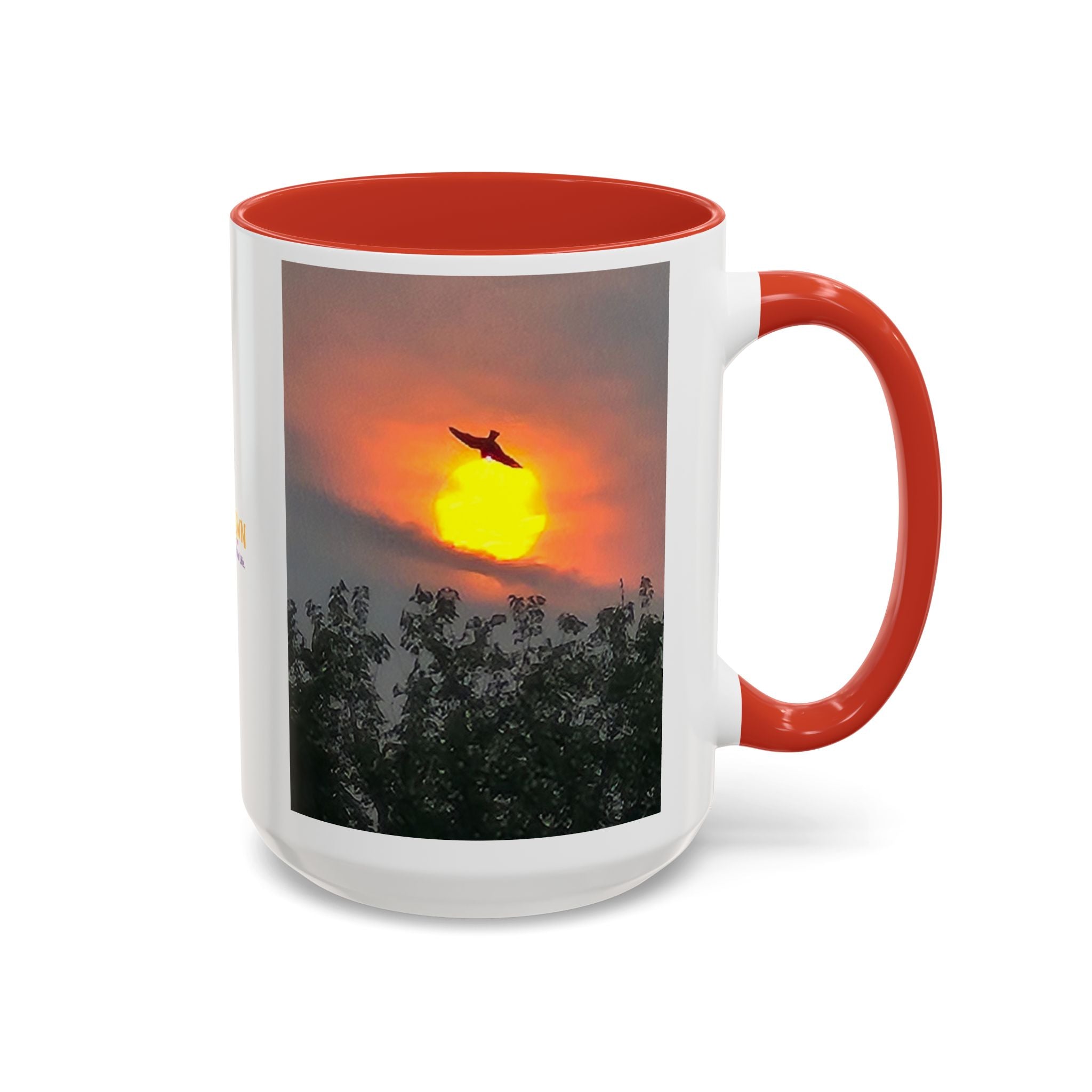 Sunset Bird Accent Coffee Mug — 'Upsindown' Logo Sunrise Scene, 11/15 oz