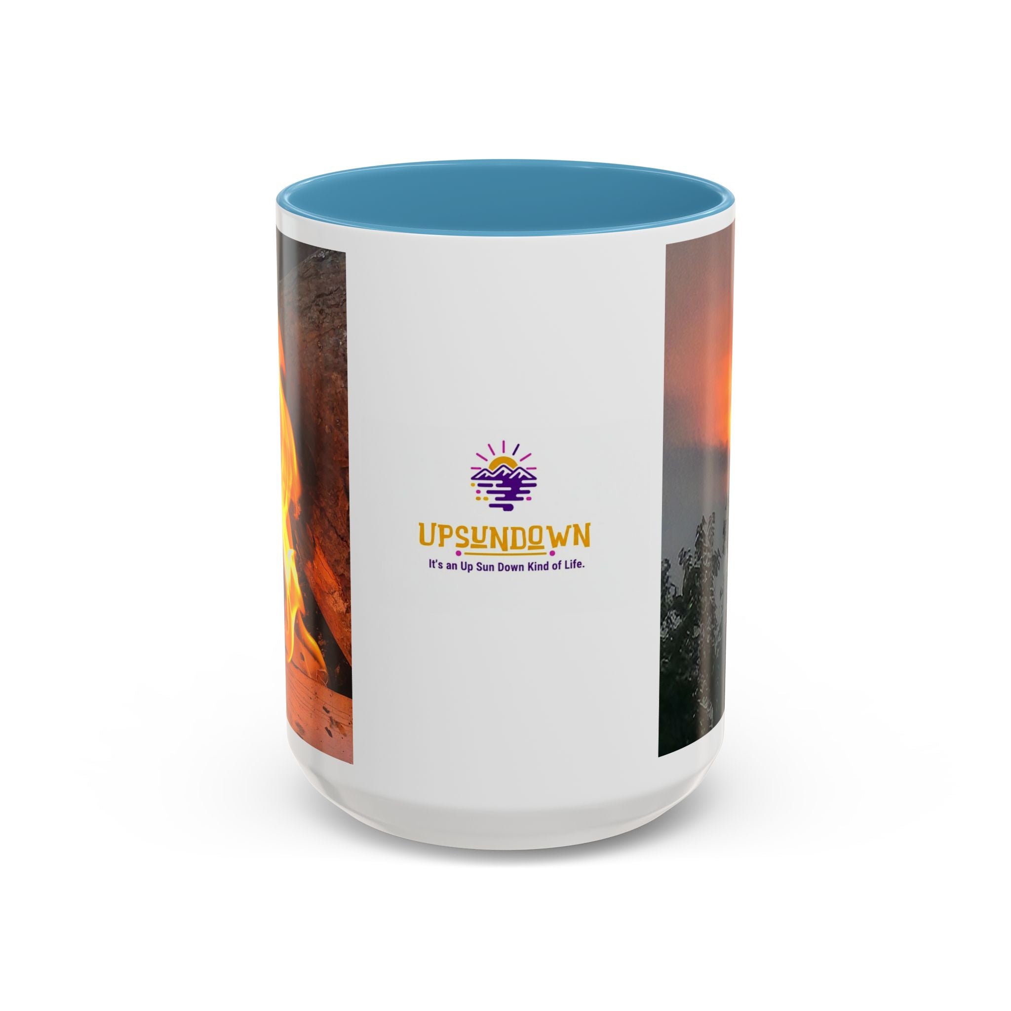 Sunset Bird Accent Coffee Mug — 'Upsindown' Logo Sunrise Scene, 11/15 oz