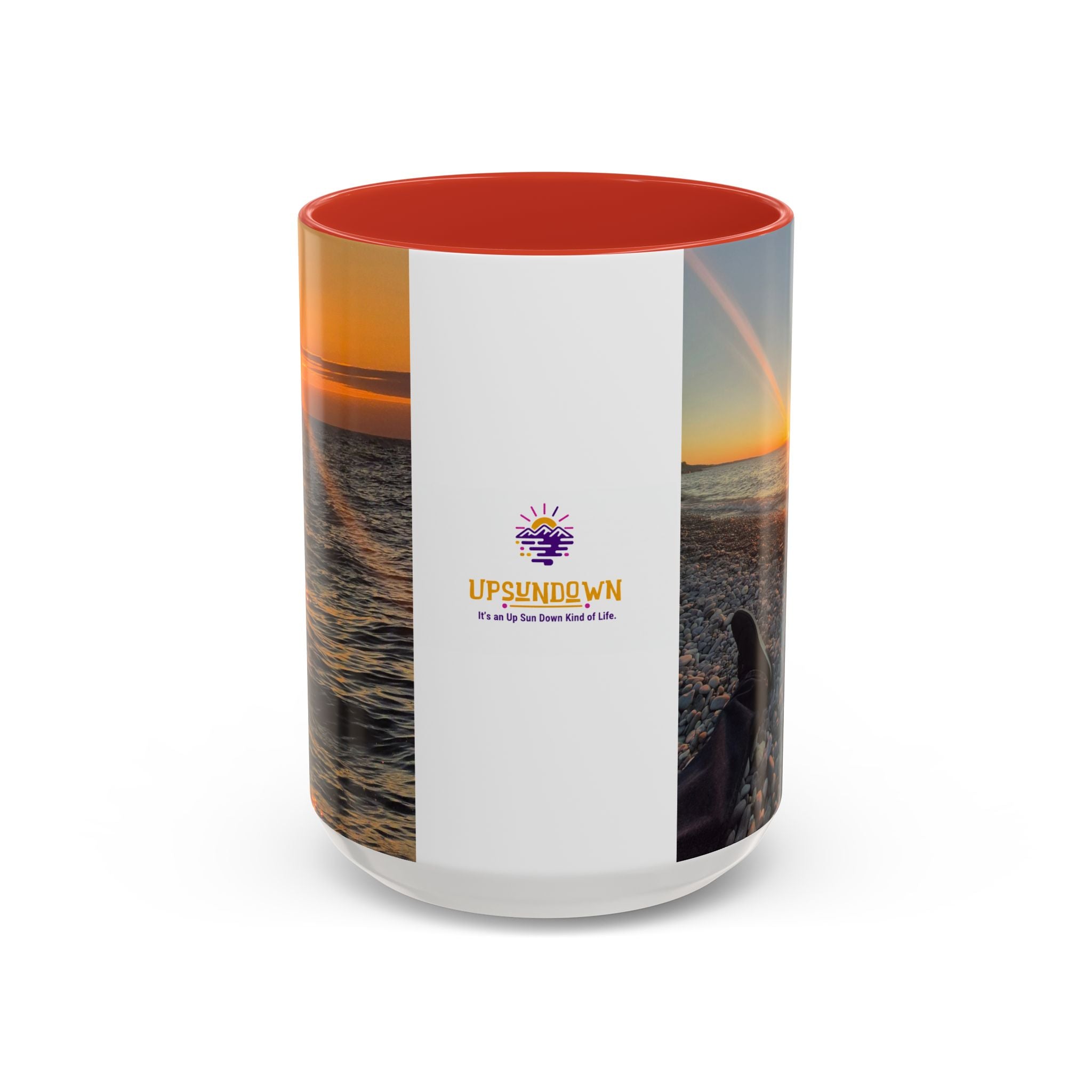 Sunset Beach Photo Accent Coffee Mug — 'UPSUNDOWN' Logo 11/15oz