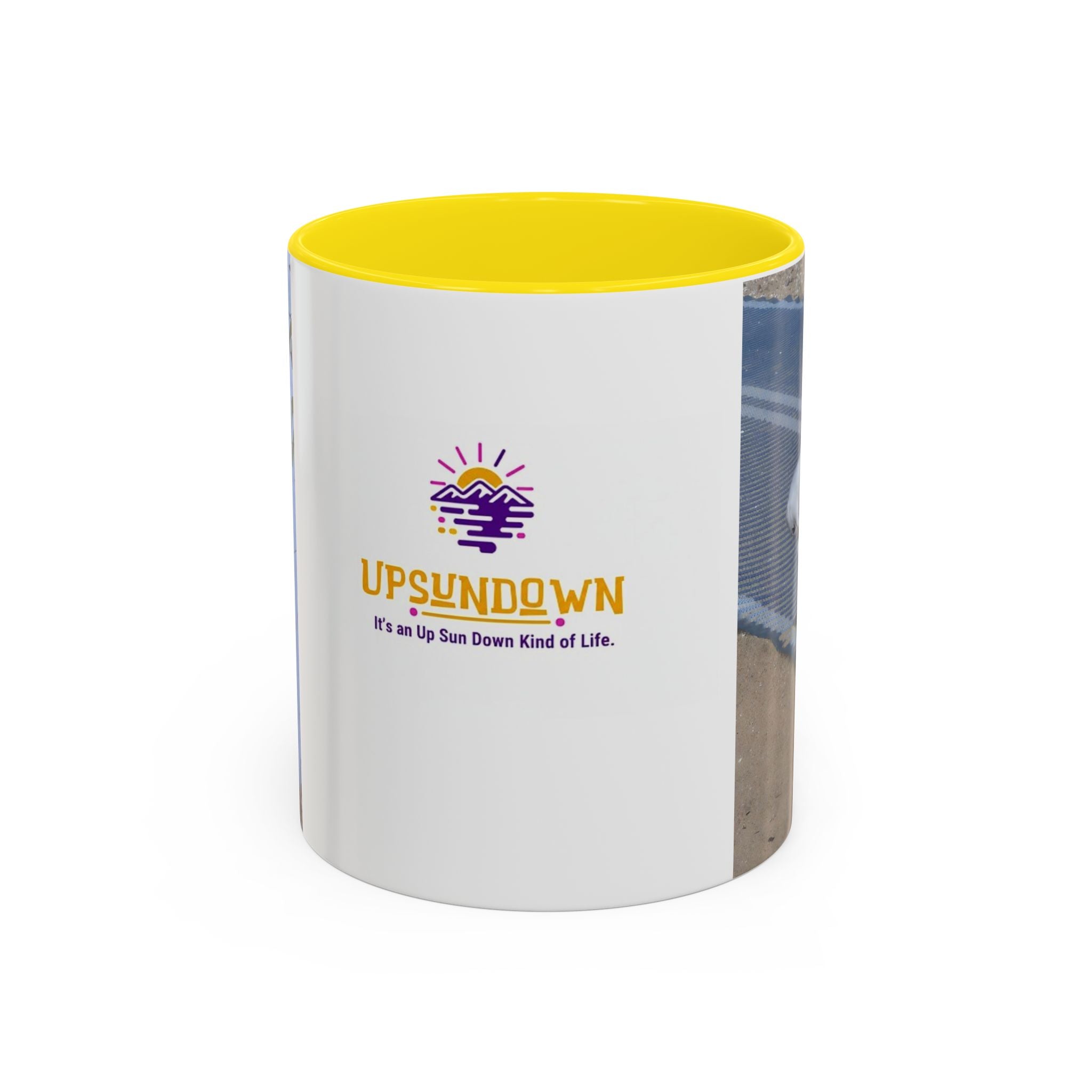 Accent Coffee Mug — 'UpSundown' Scenic Seagull Beach Coffee Mug (11/15oz)
