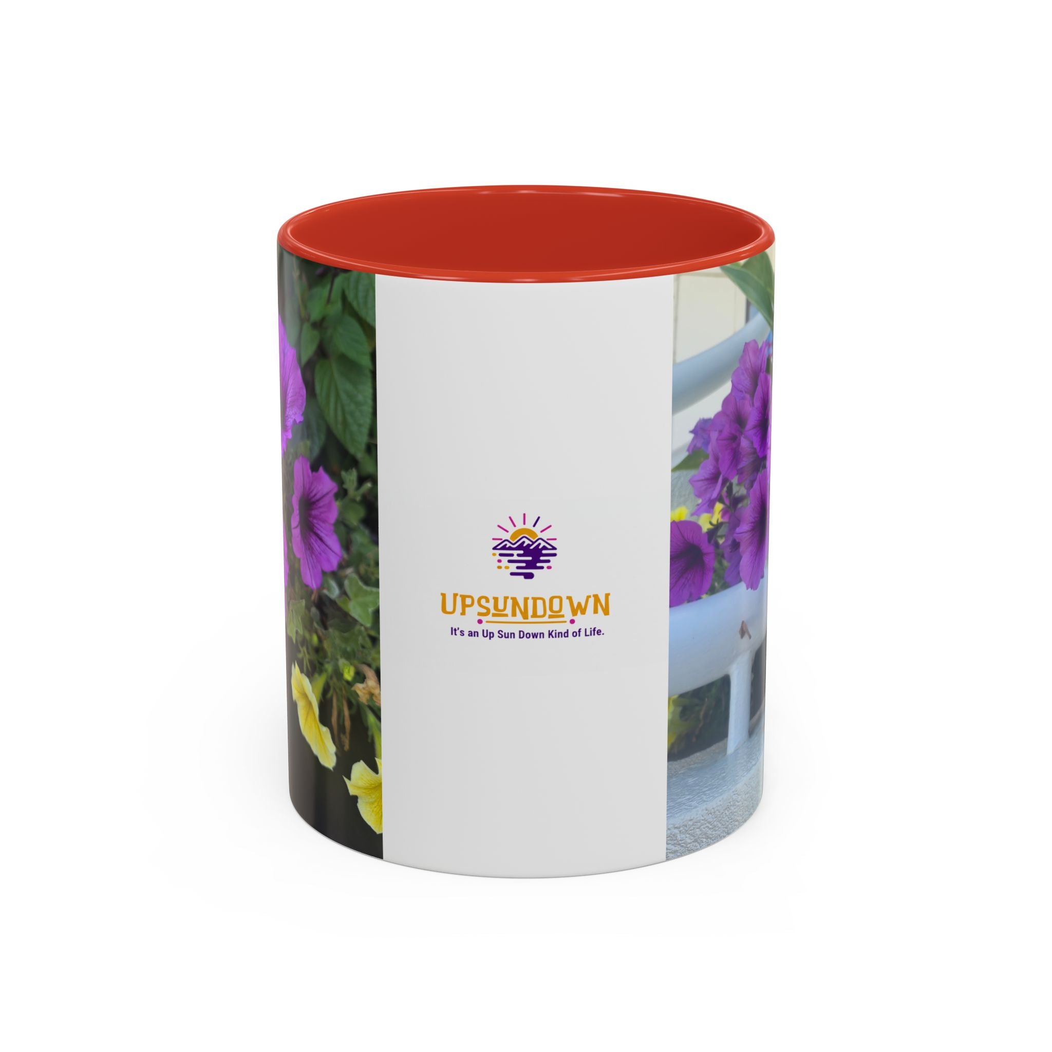 Floral Accent Coffee Mug — "Upsundown" Logo 11/15oz