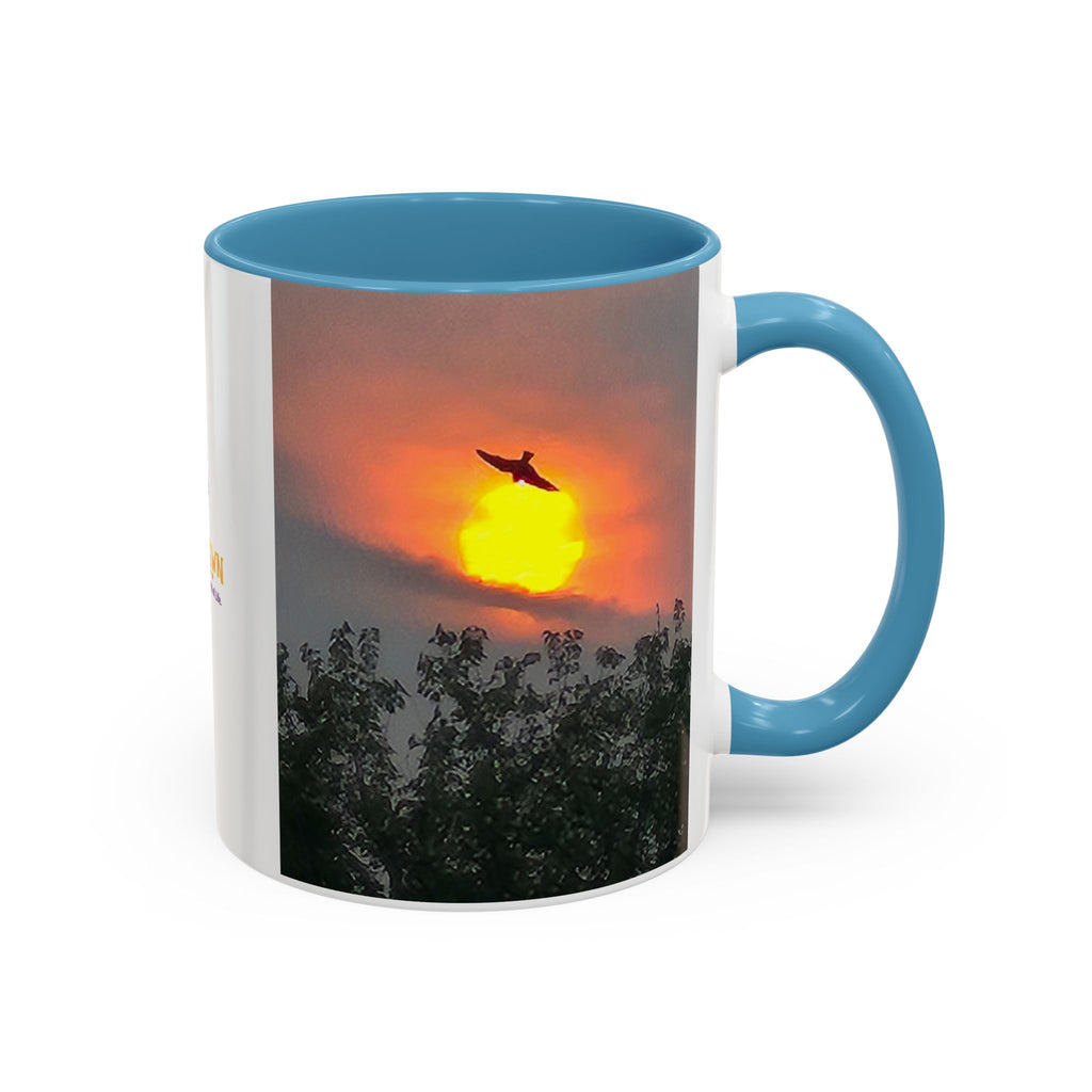 Sunset Bird Accent Coffee Mug — 'Upsindown' Logo Sunrise Scene, 11/15 oz