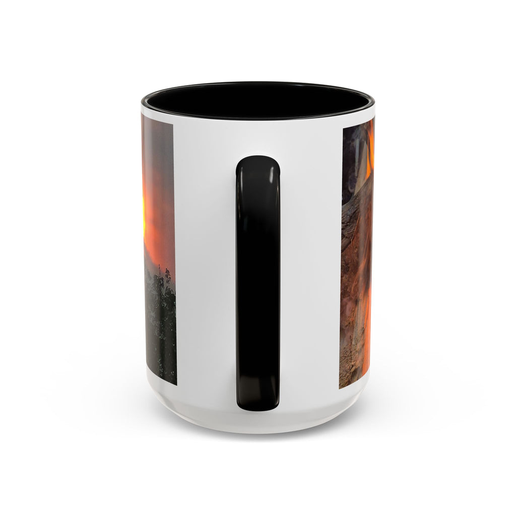 Sunset Bird Accent Coffee Mug — 'Upsindown' Logo Sunrise Scene, 11/15 oz
