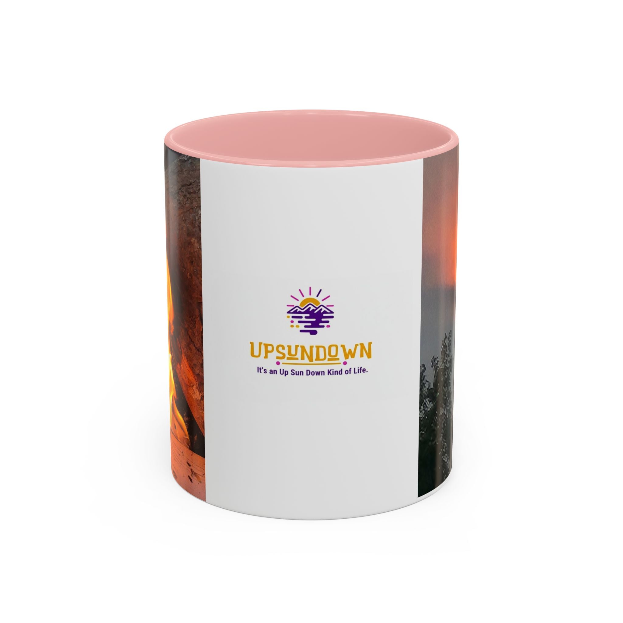 Sunset Bird Accent Coffee Mug — 'Upsindown' Logo Sunrise Scene, 11/15 oz