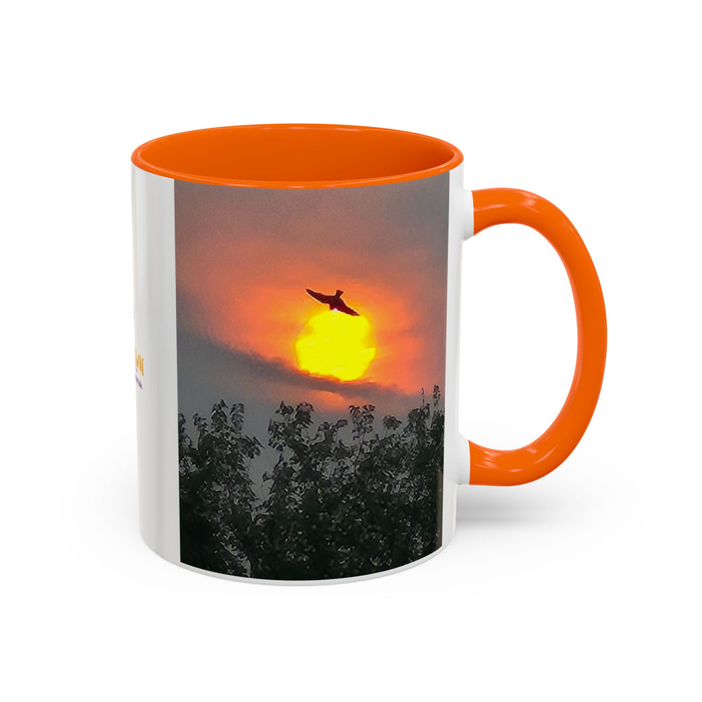 Sunset Bird Accent Coffee Mug — 'Upsindown' Logo Sunrise Scene, 11/15 oz