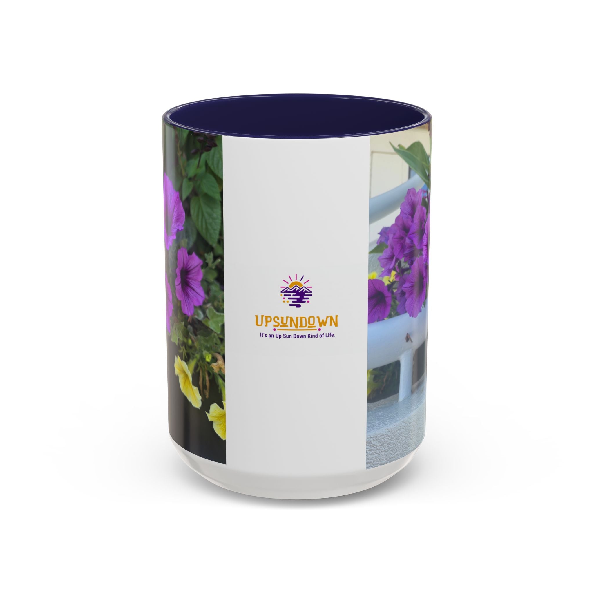 Floral Accent Coffee Mug — "Upsundown" Logo 11/15oz