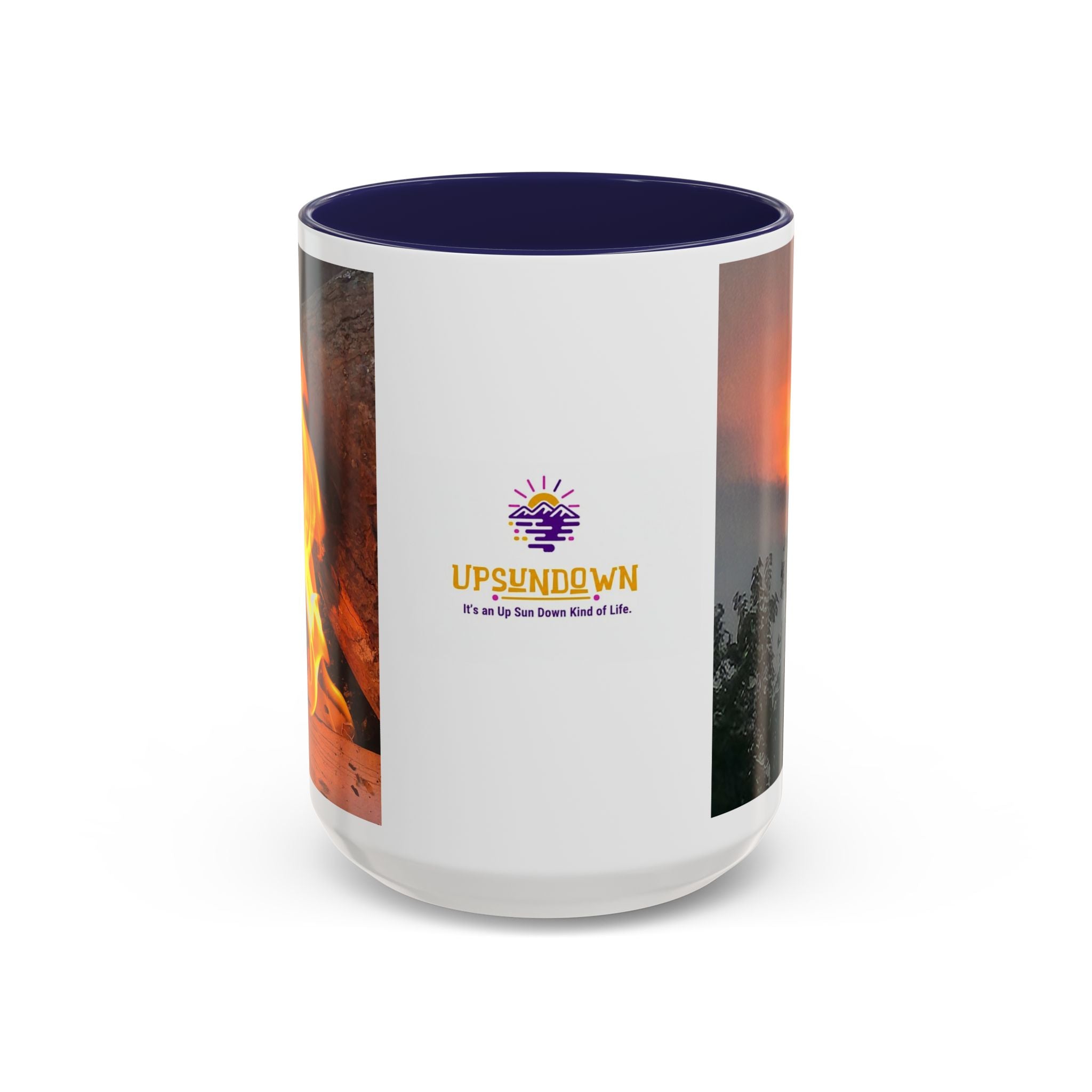 Sunset Bird Accent Coffee Mug — 'Upsindown' Logo Sunrise Scene, 11/15 oz