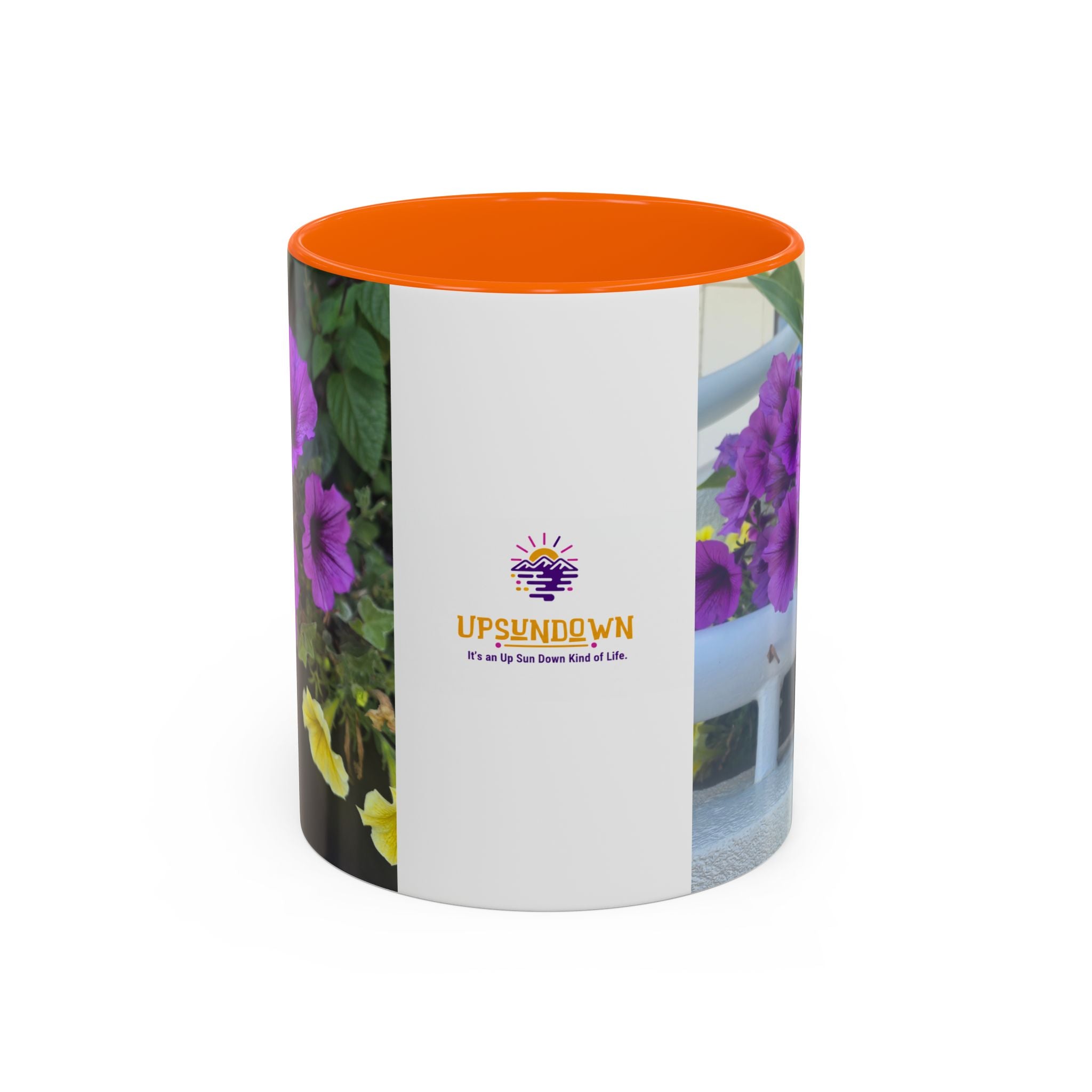 Floral Accent Coffee Mug — "Upsundown" Logo 11/15oz