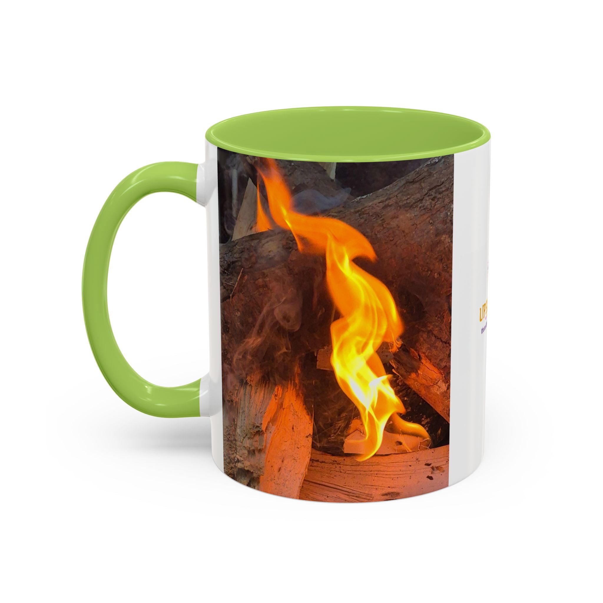 Sunset Bird Accent Coffee Mug — 'Upsindown' Logo Sunrise Scene, 11/15 oz
