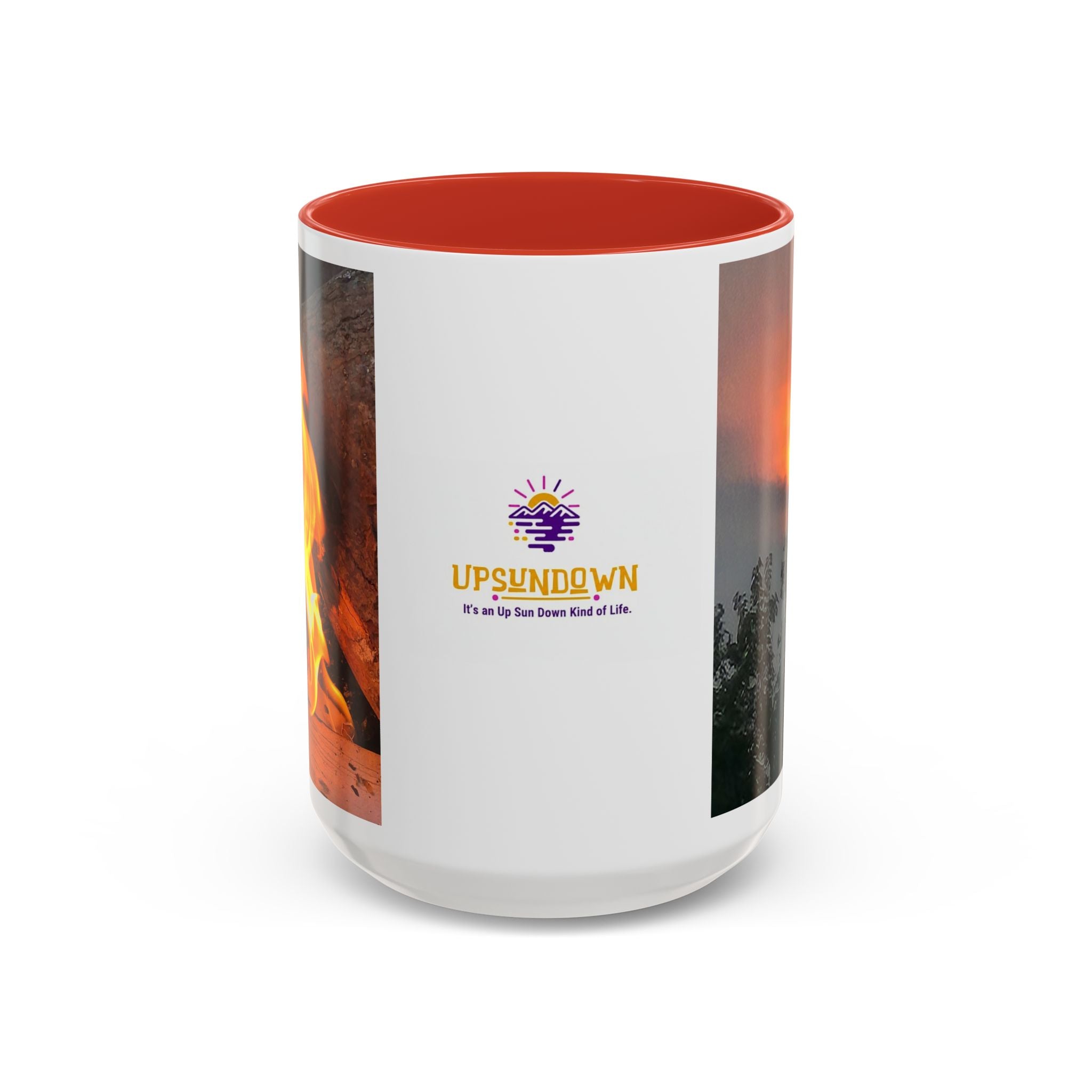 Sunset Bird Accent Coffee Mug — 'Upsindown' Logo Sunrise Scene, 11/15 oz