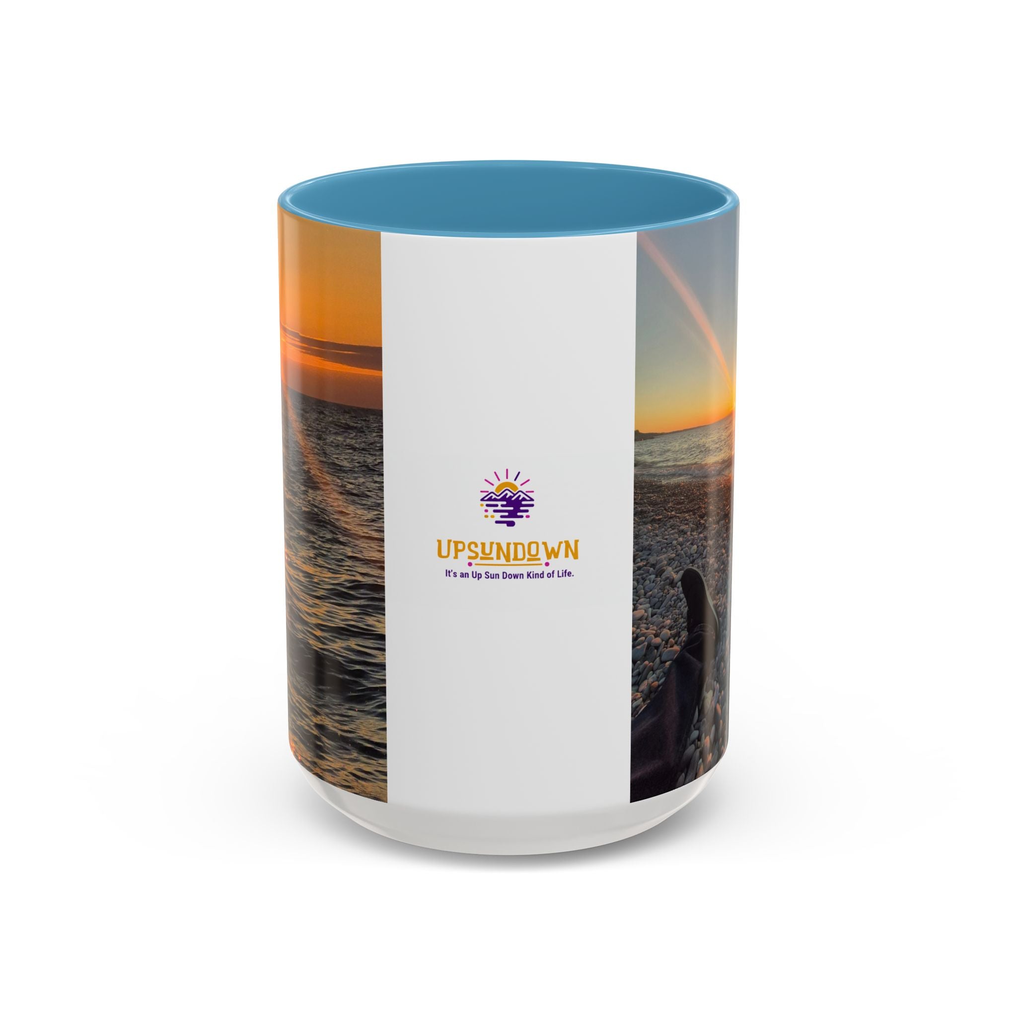 Sunset Beach Photo Accent Coffee Mug — 'UPSUNDOWN' Logo 11/15oz