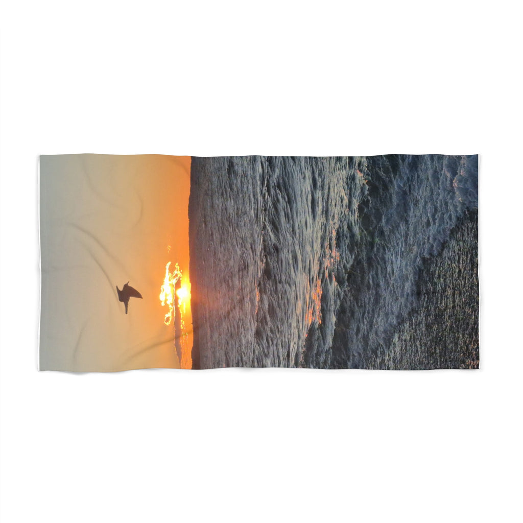 Beach Towel - Beautiful Lake Michigan Sunset with Seagull Flying Through
