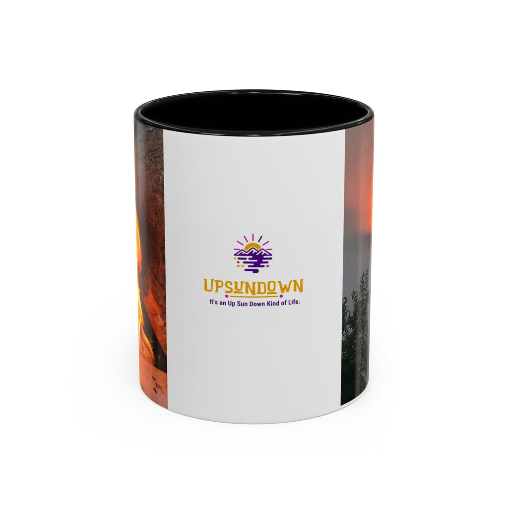 Sunset Bird Accent Coffee Mug — 'Upsindown' Logo Sunrise Scene, 11/15 oz