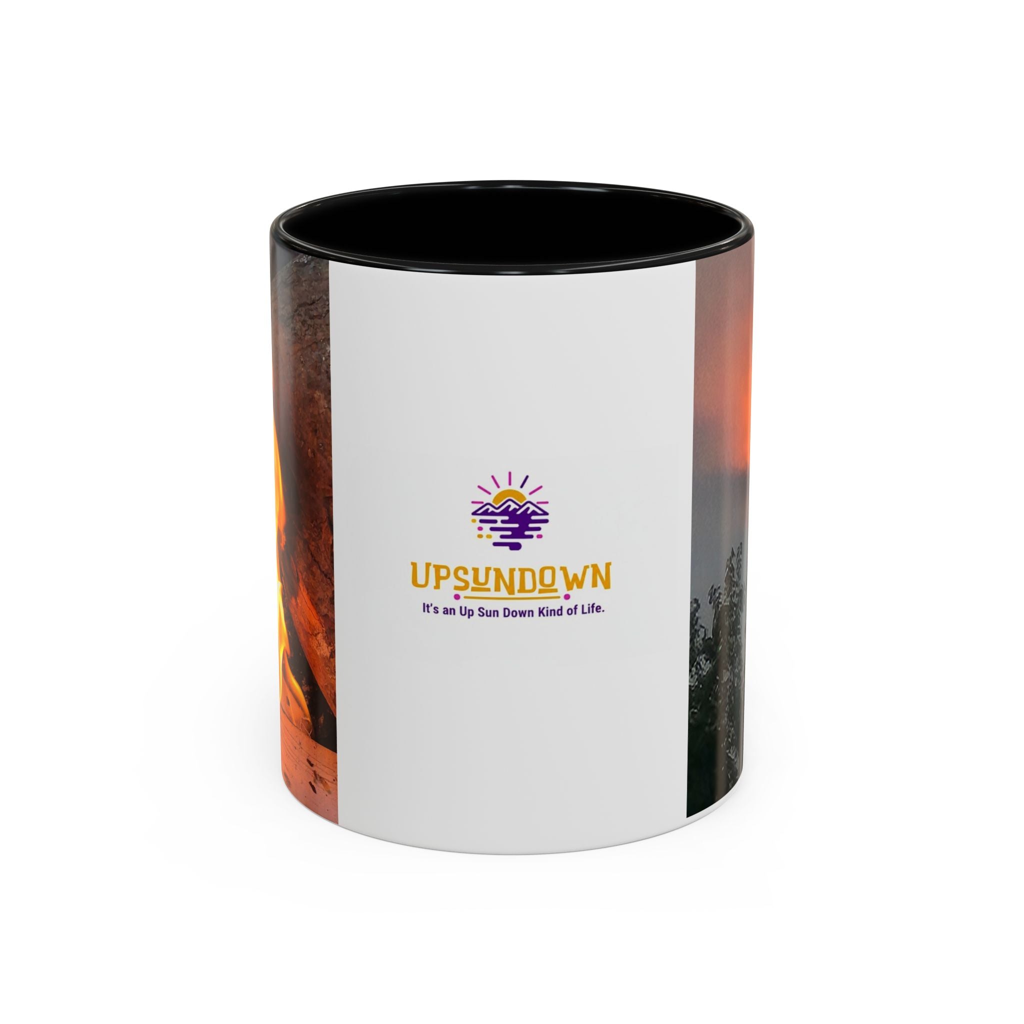 Sunset Bird Accent Coffee Mug — 'Upsindown' Logo Sunrise Scene, 11/15 oz