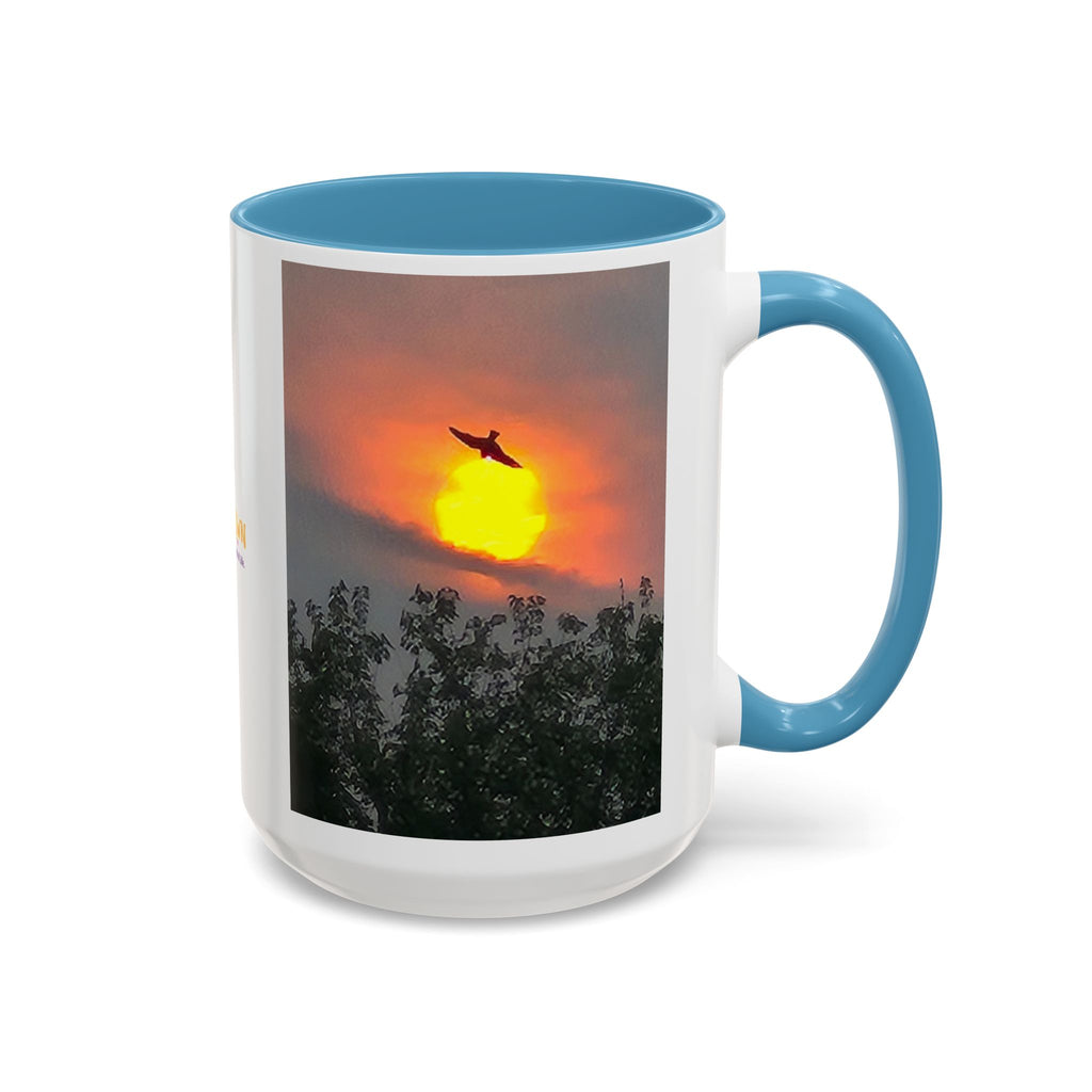 Sunset Bird Accent Coffee Mug — 'Upsindown' Logo Sunrise Scene, 11/15 oz