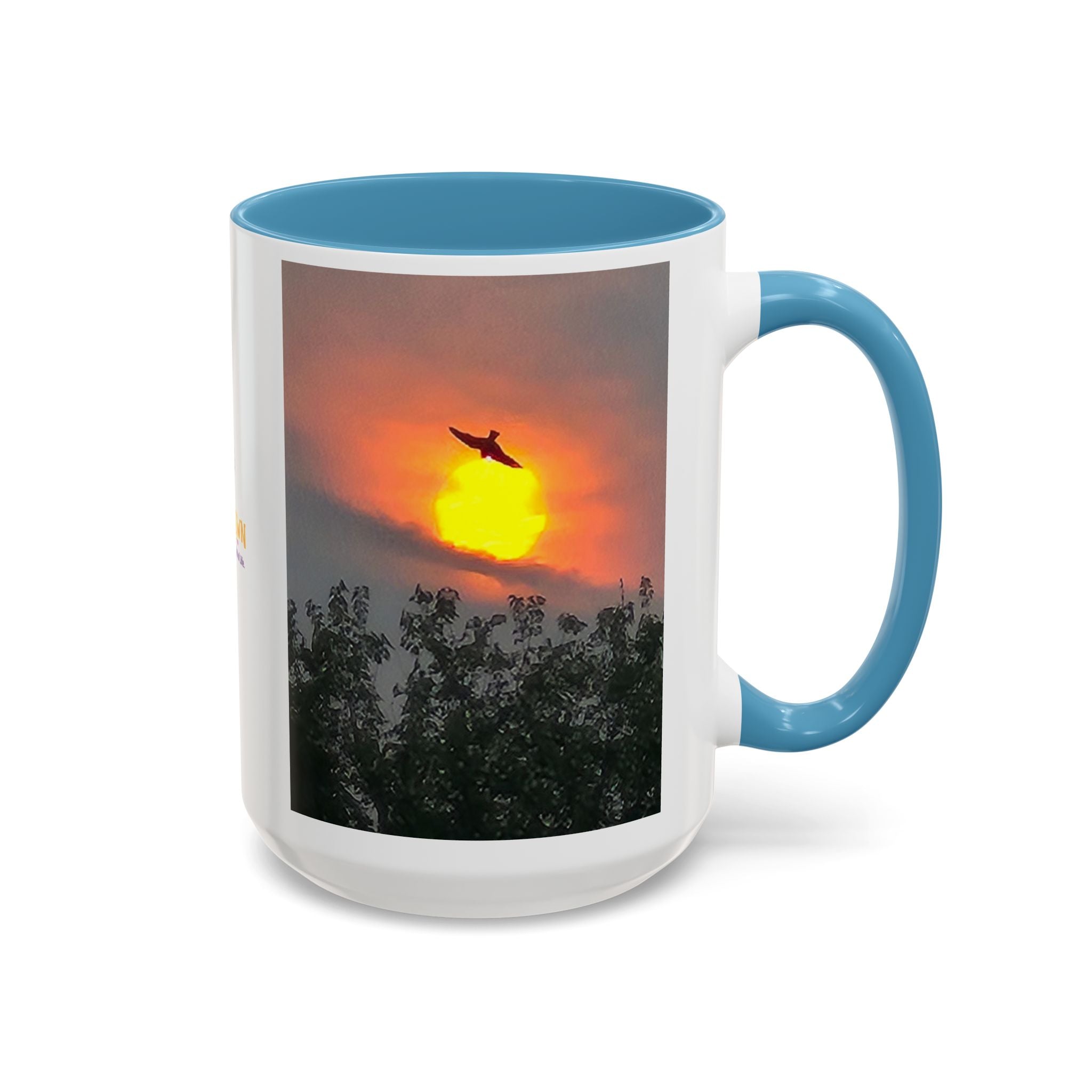 Sunset Bird Accent Coffee Mug — 'Upsindown' Logo Sunrise Scene, 11/15 oz
