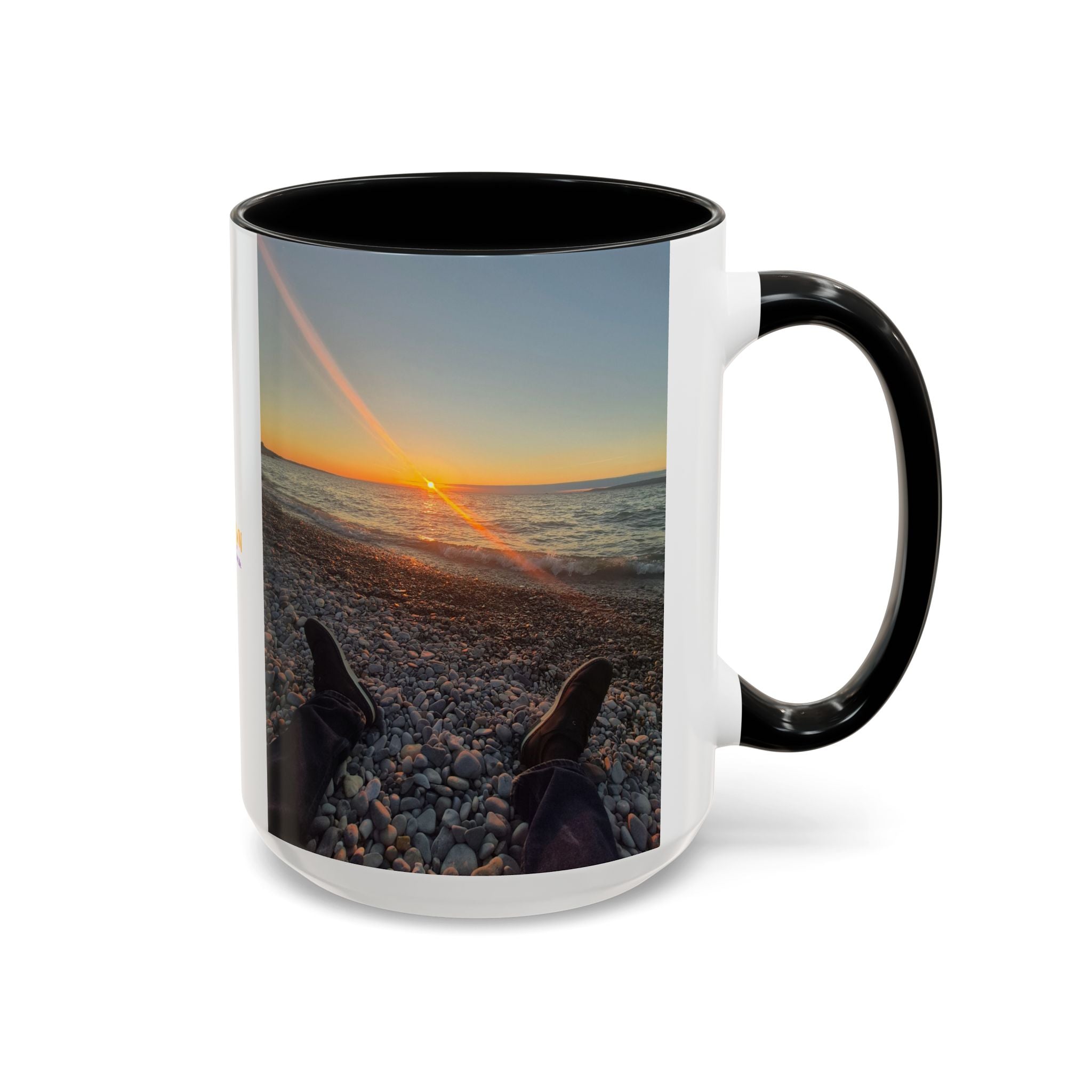 Sunset Beach Photo Accent Coffee Mug — 'UPSUNDOWN' Logo 11/15oz