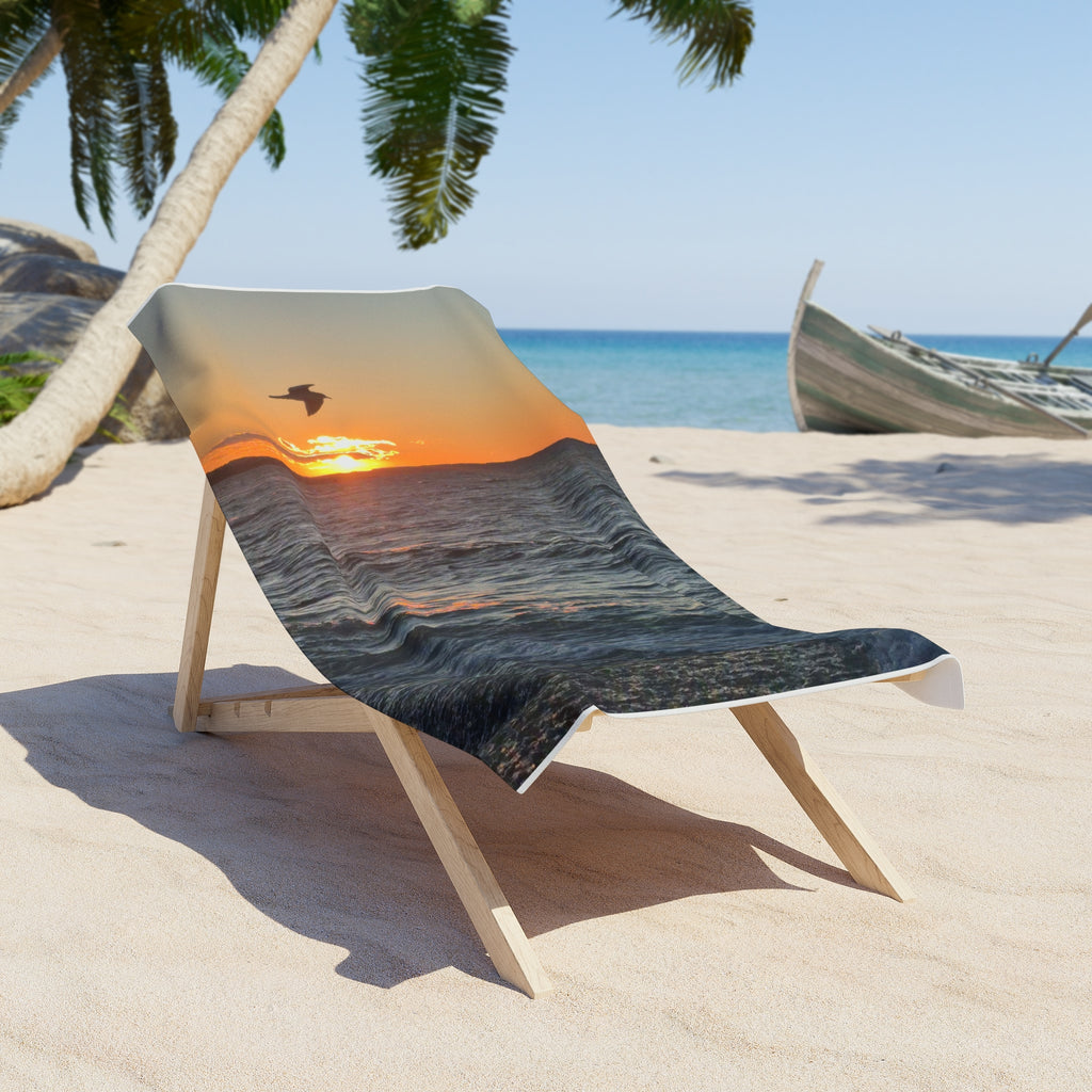 Beach Towel - Beautiful Lake Michigan Sunset with Seagull Flying Through