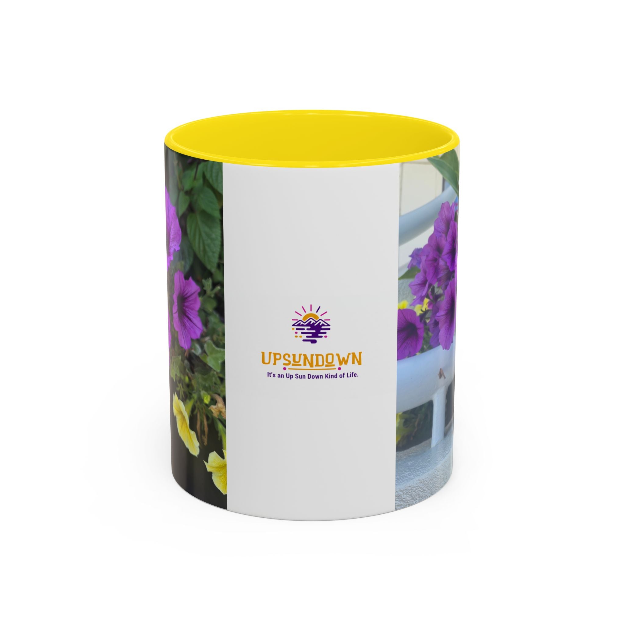 Floral Accent Coffee Mug — "Upsundown" Logo 11/15oz
