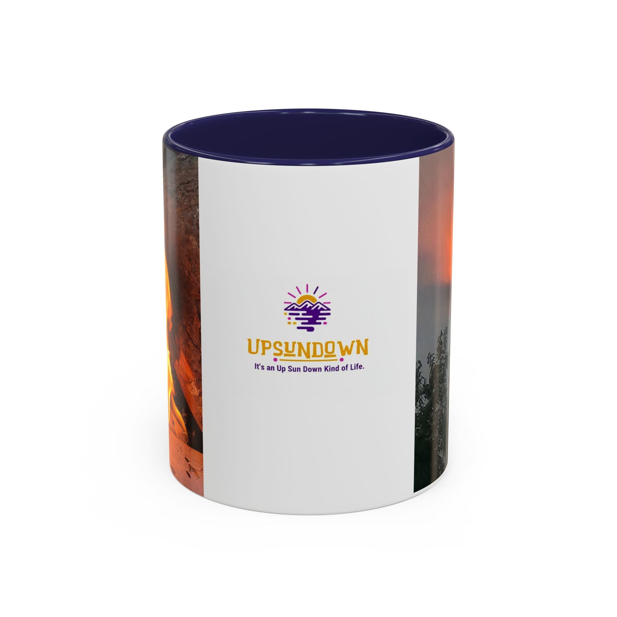 Sunset Bird Accent Coffee Mug — 'Upsindown' Logo Sunrise Scene, 11/15 oz