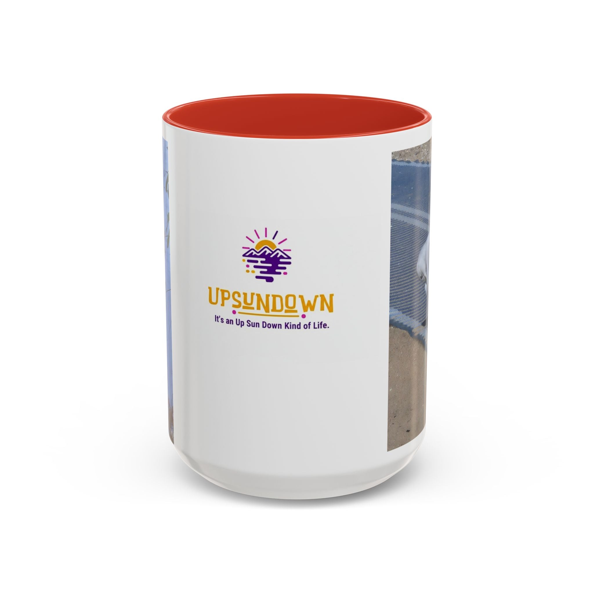 Accent Coffee Mug — 'UpSundown' Scenic Seagull Beach Coffee Mug (11/15oz)