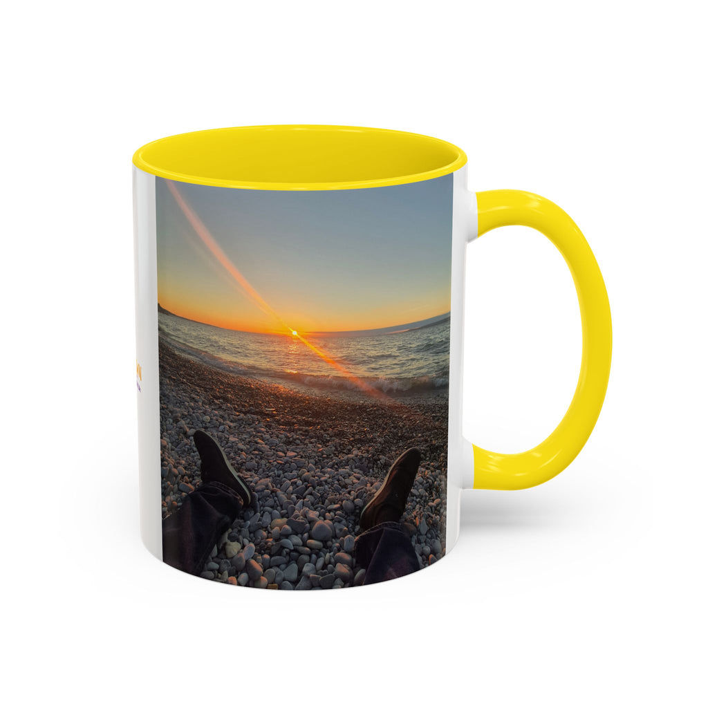 Sunset Beach Photo Accent Coffee Mug — 'UPSUNDOWN' Logo 11/15oz