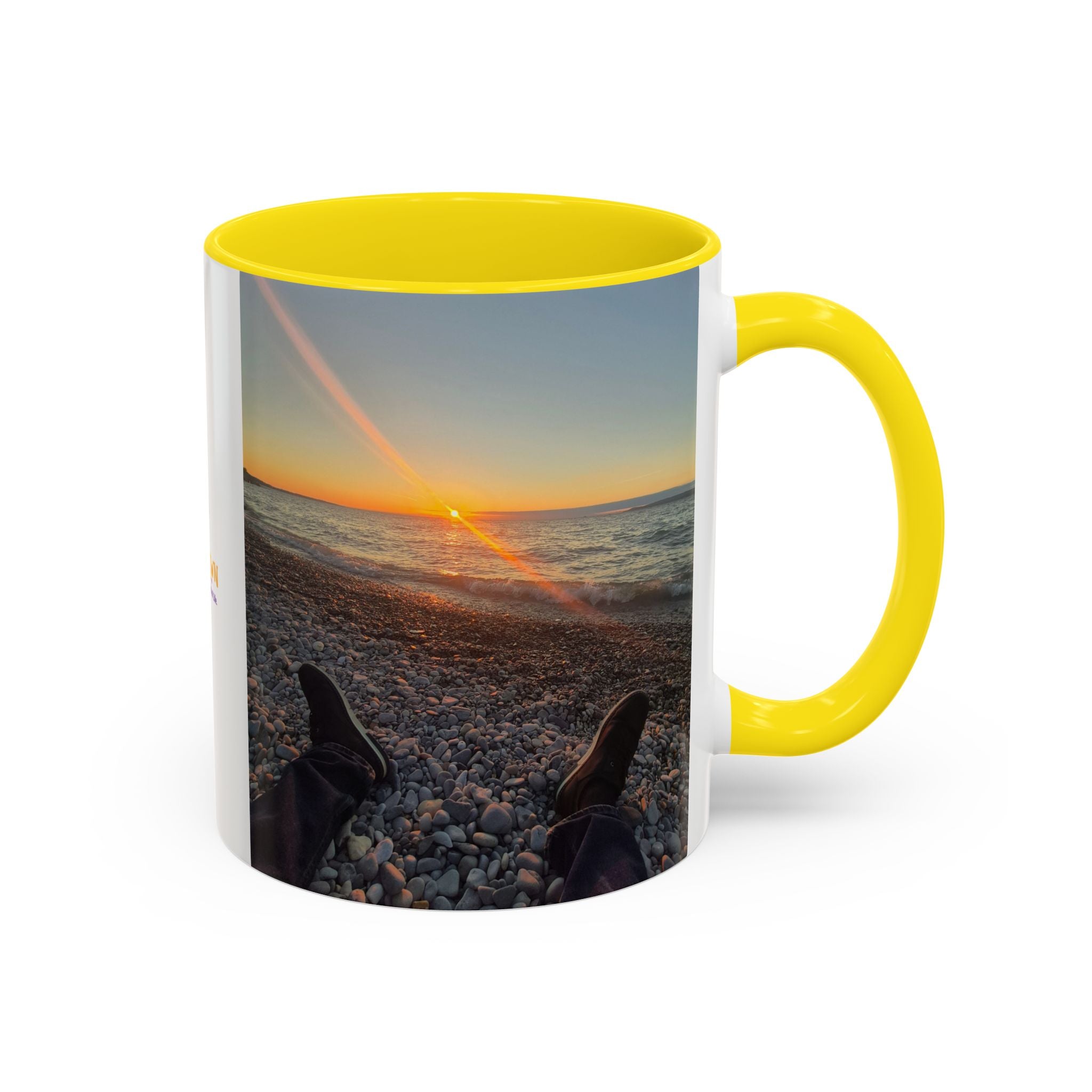 Sunset Beach Photo Accent Coffee Mug — 'UPSUNDOWN' Logo 11/15oz