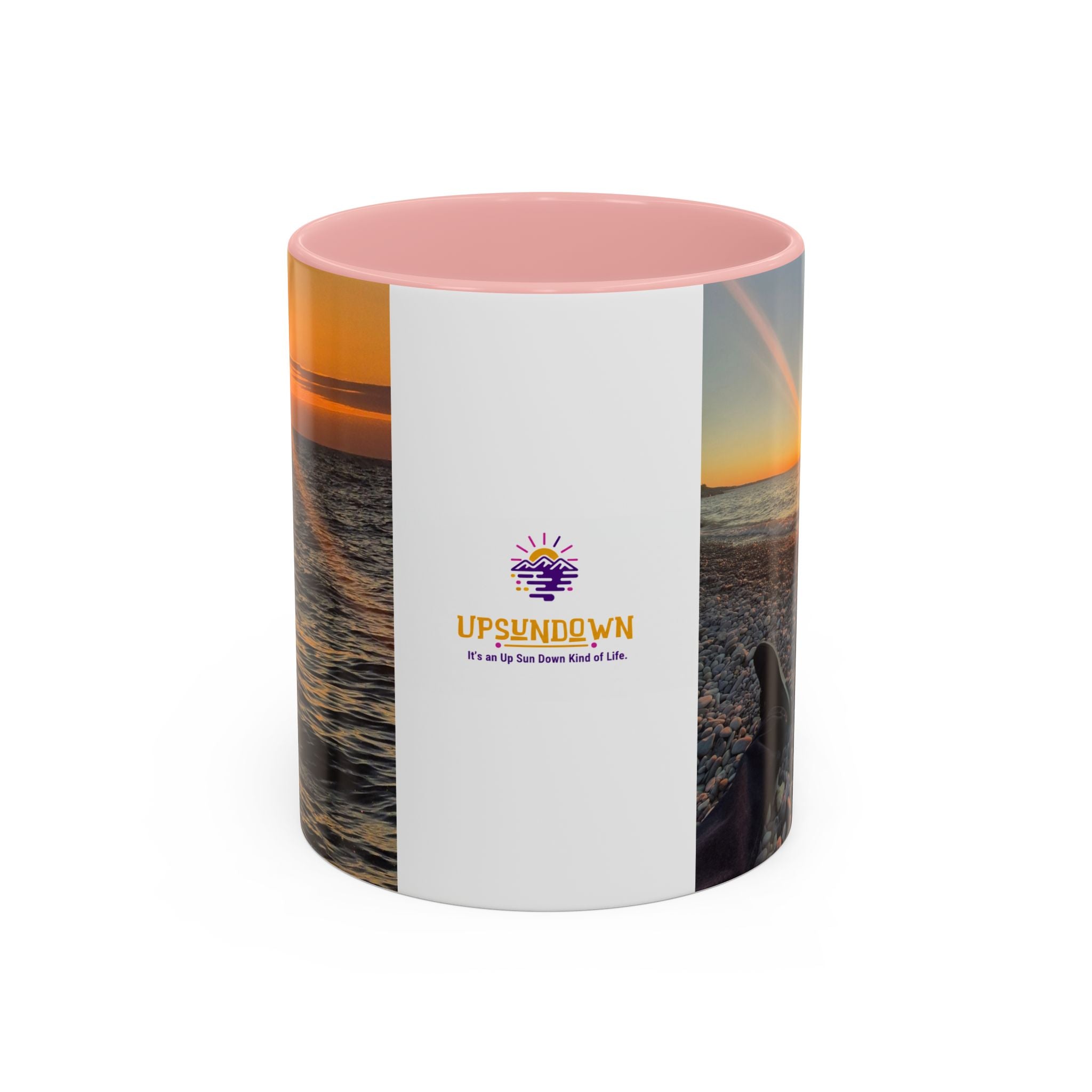 Sunset Beach Photo Accent Coffee Mug — 'UPSUNDOWN' Logo 11/15oz