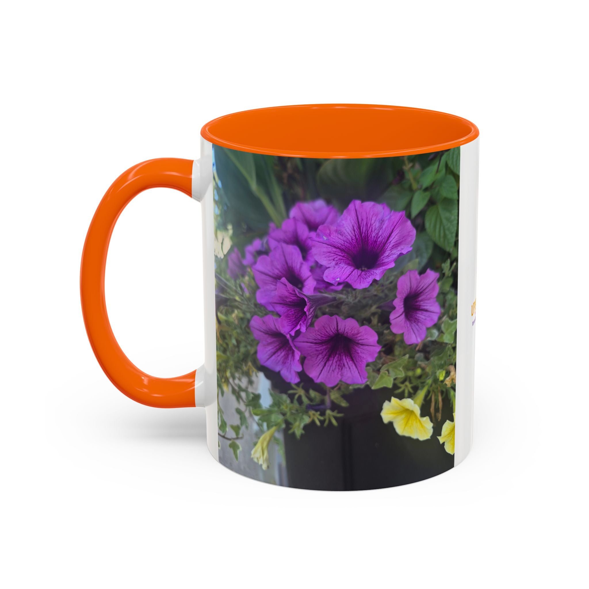 Floral Accent Coffee Mug — "Upsundown" Logo 11/15oz