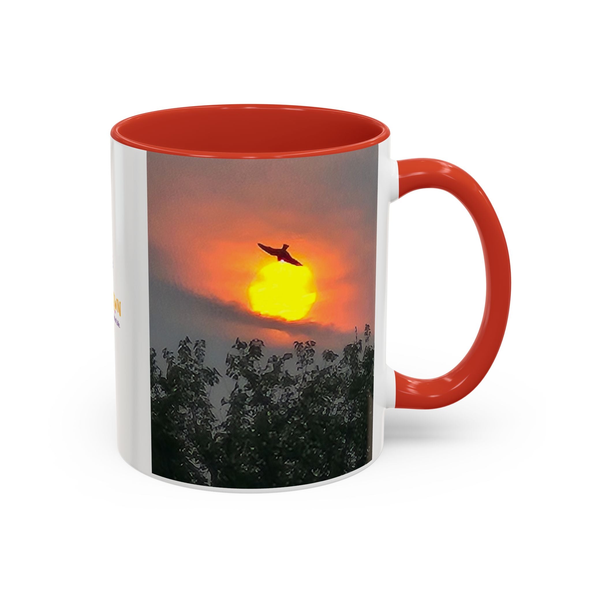Sunset Bird Accent Coffee Mug — 'Upsindown' Logo Sunrise Scene, 11/15 oz