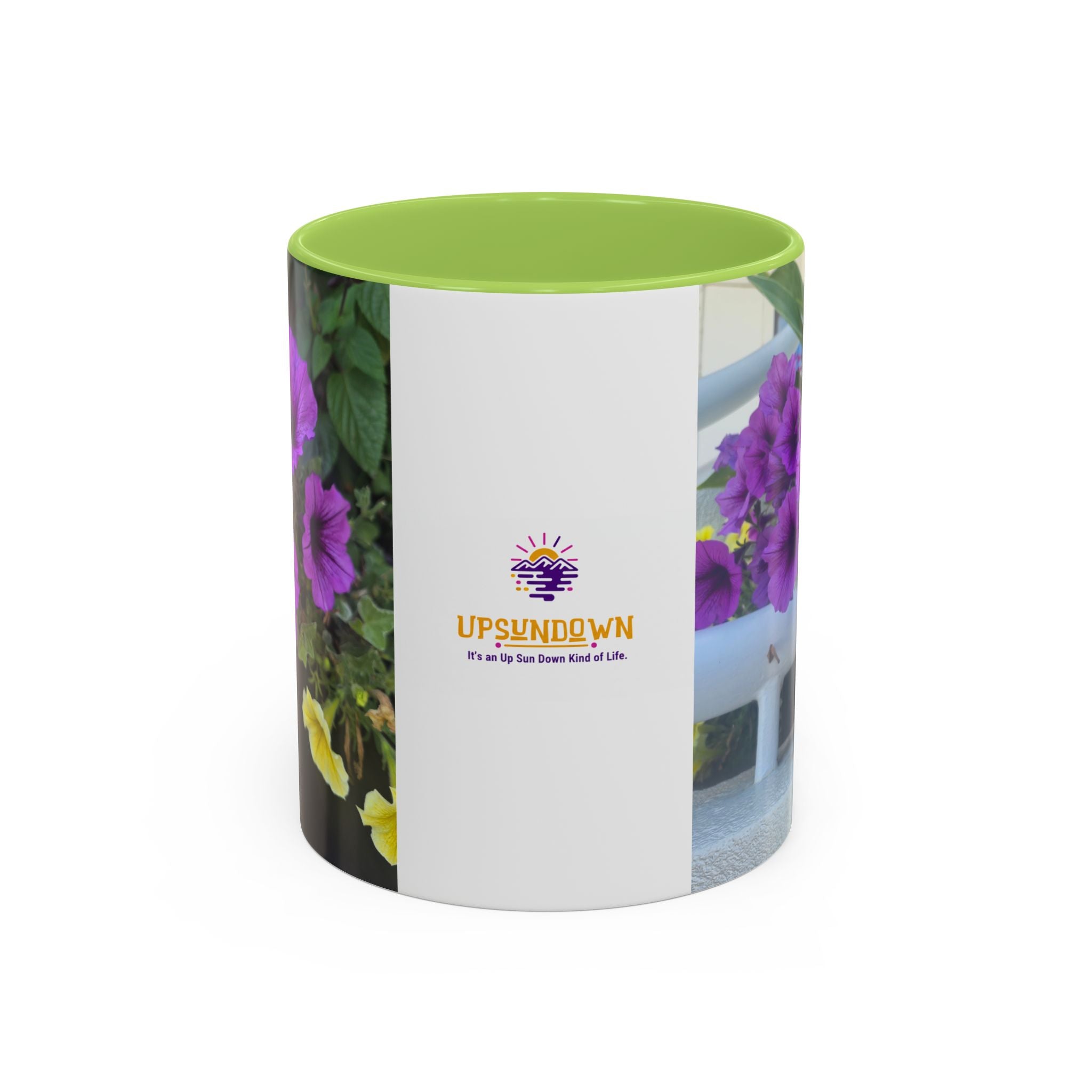 Floral Accent Coffee Mug — "Upsundown" Logo 11/15oz