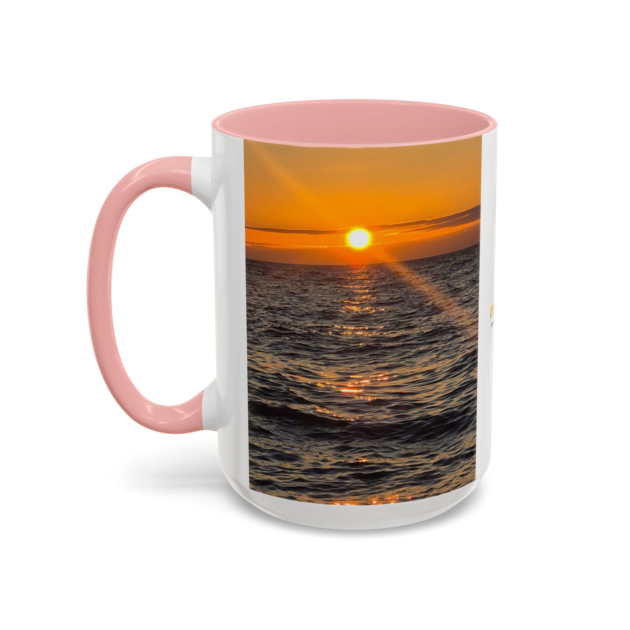 Sunset Beach Photo Accent Coffee Mug — 'UPSUNDOWN' Logo 11/15oz